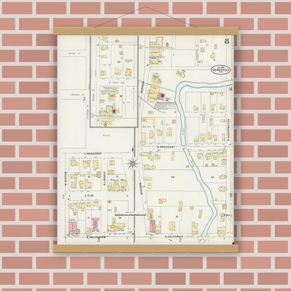 Old map wall art mockup — magnetic wood frame on brick wall — Sanborn Fire Insurance Map from Gainesville, Cooke County, Texas (1897), Sheet #0008