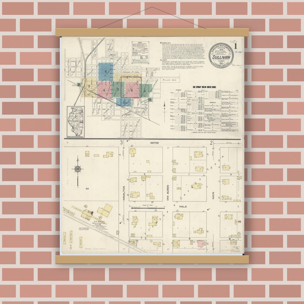 Old map wall art mockup — magnetic wood frame on brick wall — Sanborn Fire Insurance Map from Sullivan, Moultrie County, Illinois (1914), Sheet #0001