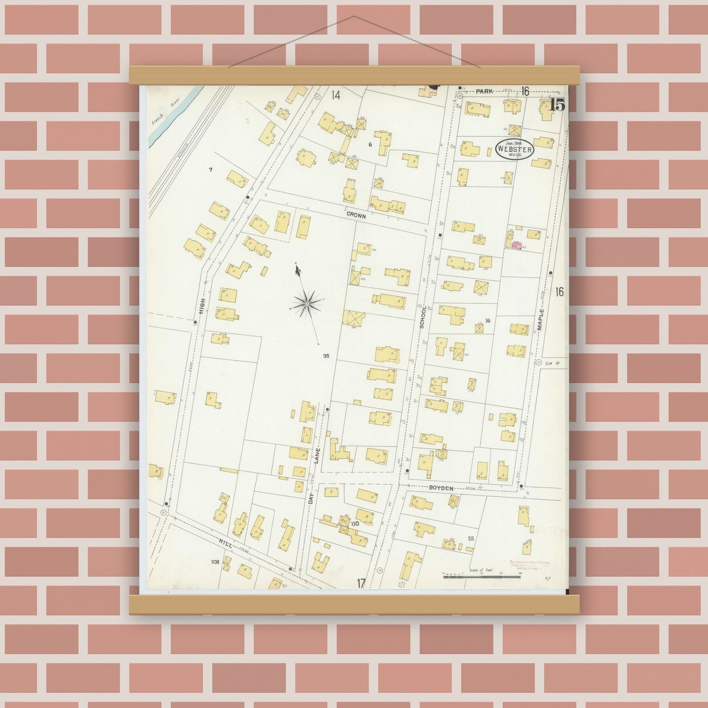 Old map wall art mockup — magnetic wood frame on brick wall — Sanborn Fire Insurance Map from Webster, Worcester County, Massachusetts (1904), Sheet #0015