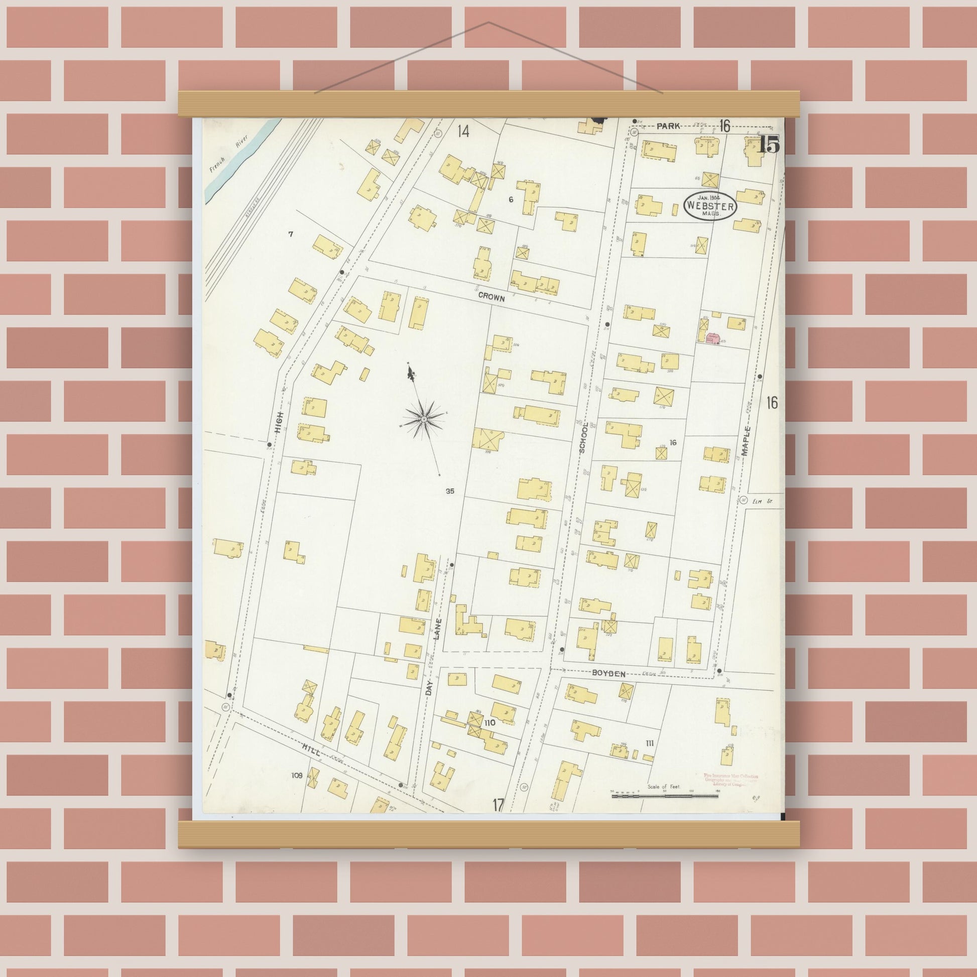Old map wall art mockup — magnetic wood frame on brick wall — Sanborn Fire Insurance Map from Webster, Worcester County, Massachusetts (1904), Sheet #0015