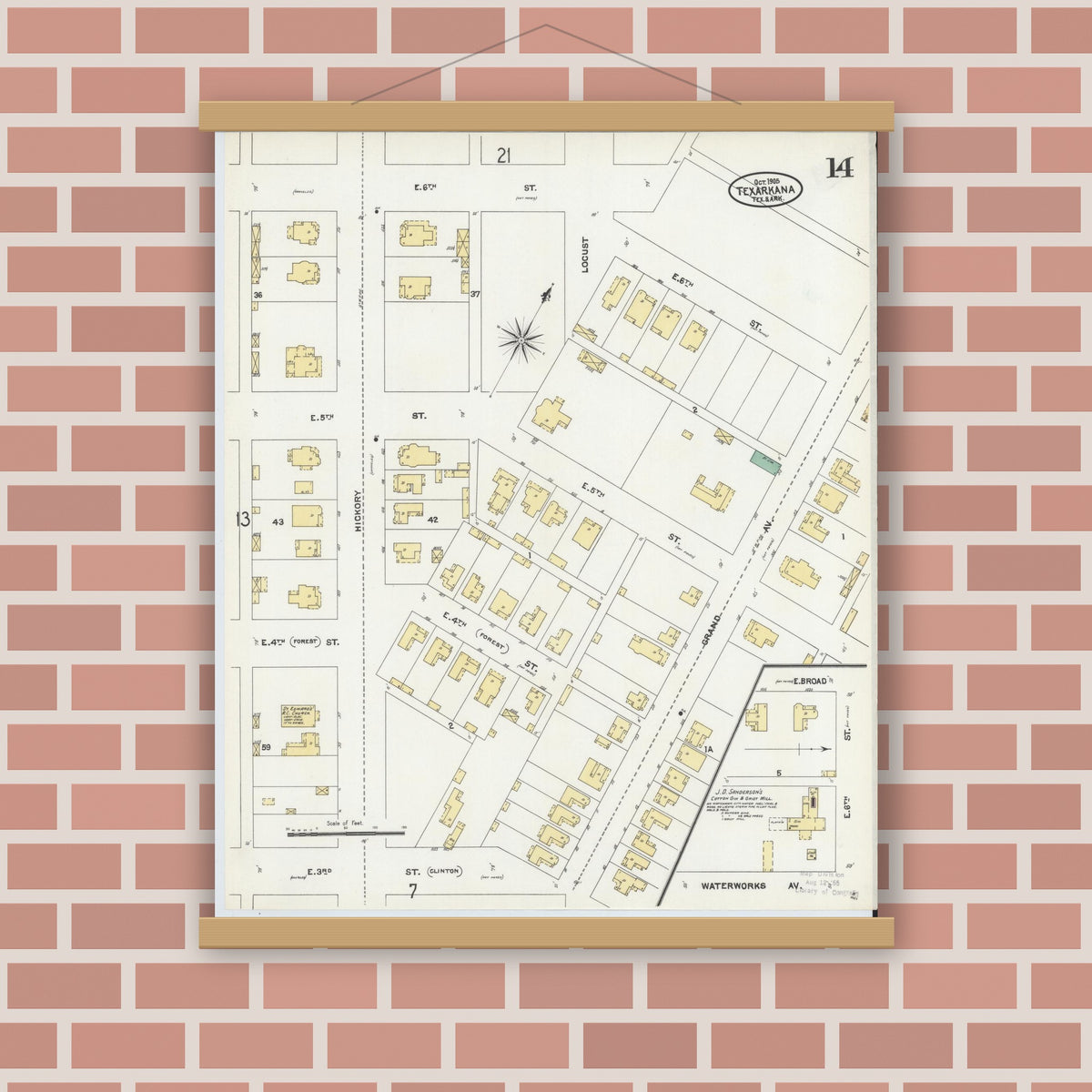 Old map wall art mockup — magnetic wood frame on brick wall — Sanborn Fire Insurance Map from Texarkana, Bowie County, Texas (1905), Sheet #0014
