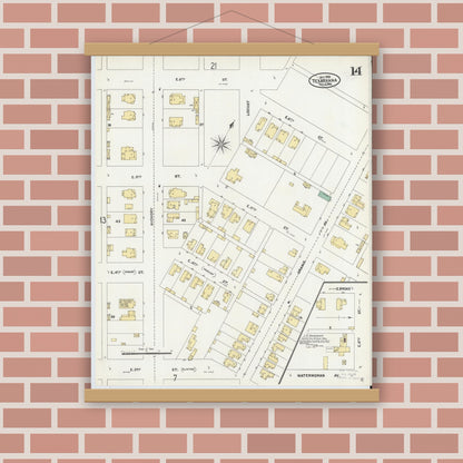 Old map wall art mockup — magnetic wood frame on brick wall — Sanborn Fire Insurance Map from Texarkana, Bowie County, Texas (1905), Sheet #0014