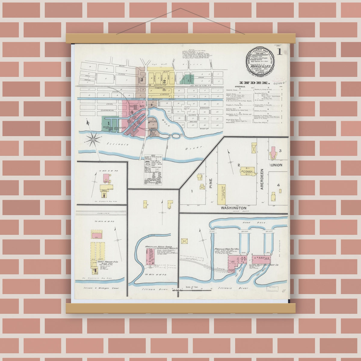 Old map wall art mockup — magnetic wood frame on brick wall — Sanborn Fire Insurance Map from Marseilles, La Salle County, Illinois (1892) - Complete Map Set