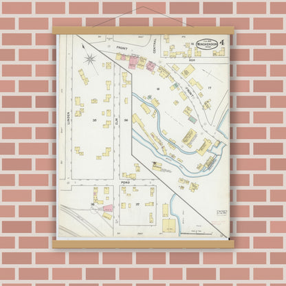 Old map wall art mockup — magnetic wood frame on brick wall — Sanborn Fire Insurance Map from Winchendon, Worcester County, Massachusetts (1892), Sheet #0004