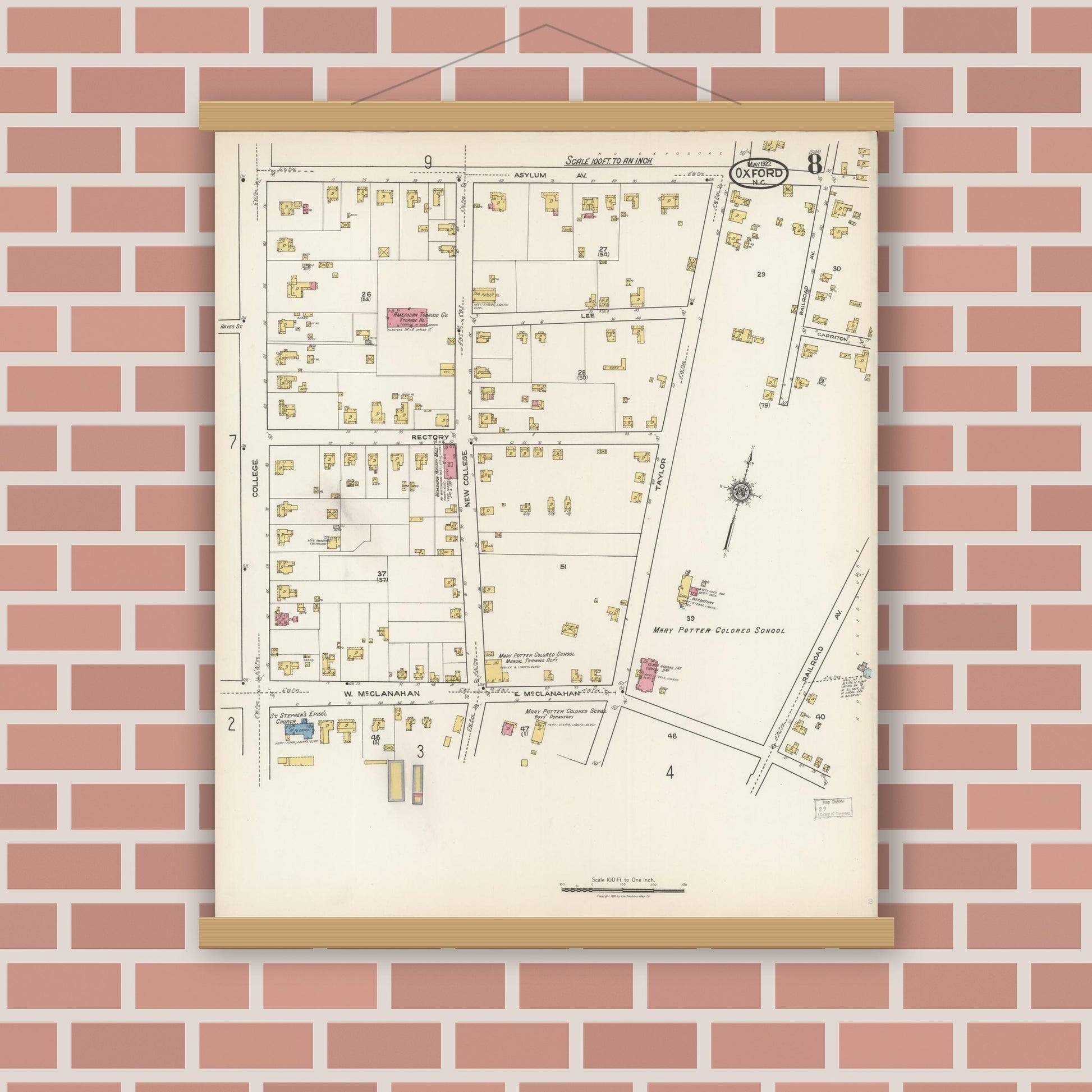 Old map wall art mockup — magnetic wood frame on brick wall — Sanborn Fire Insurance Map from Oxford, Granville County, North Carolina (1922), Sheet #0008