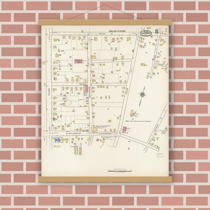 Old map wall art mockup — magnetic wood frame on brick wall — Sanborn Fire Insurance Map from Oxford, Granville County, North Carolina (1922), Sheet #0008