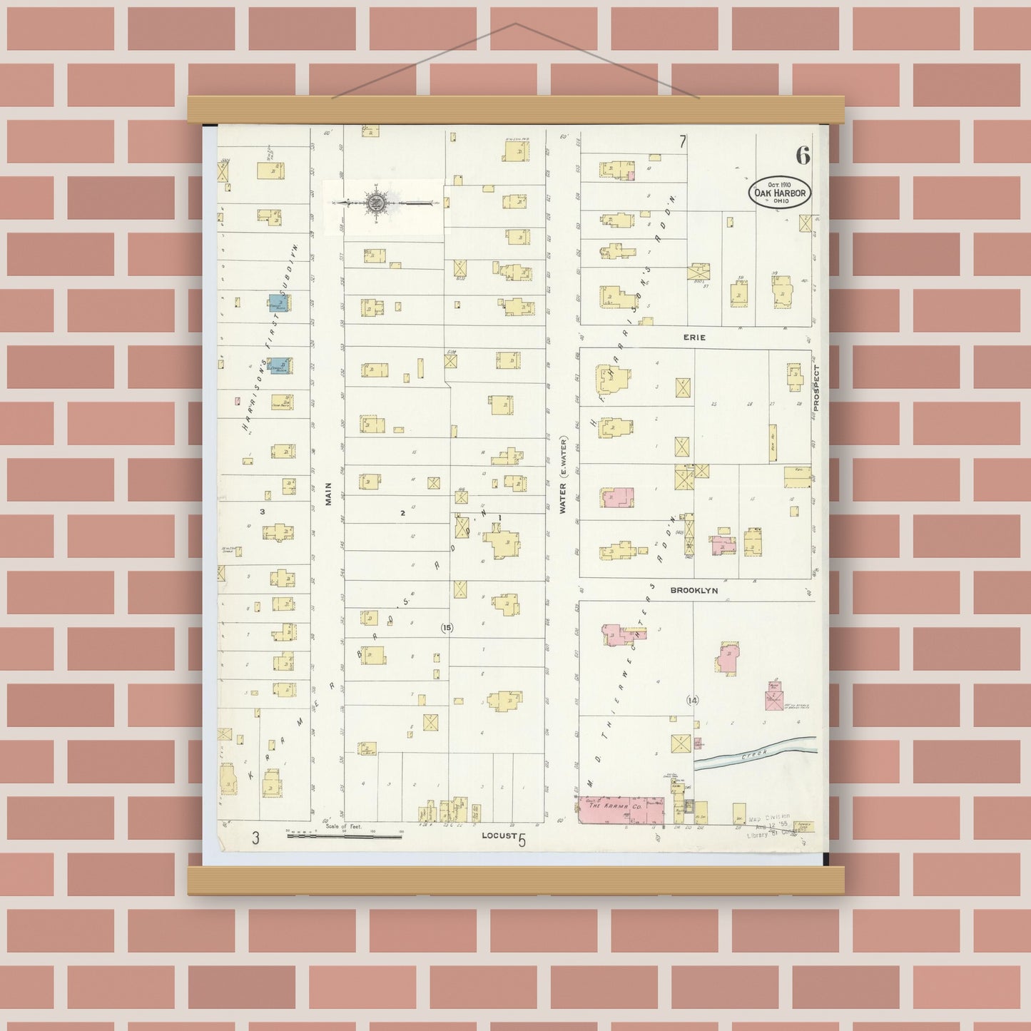 Old map wall art mockup — magnetic wood frame on brick wall — Sanborn Fire Insurance Map from Oak Harbor, Ottawa County, Ohio (1910), Sheet #0006