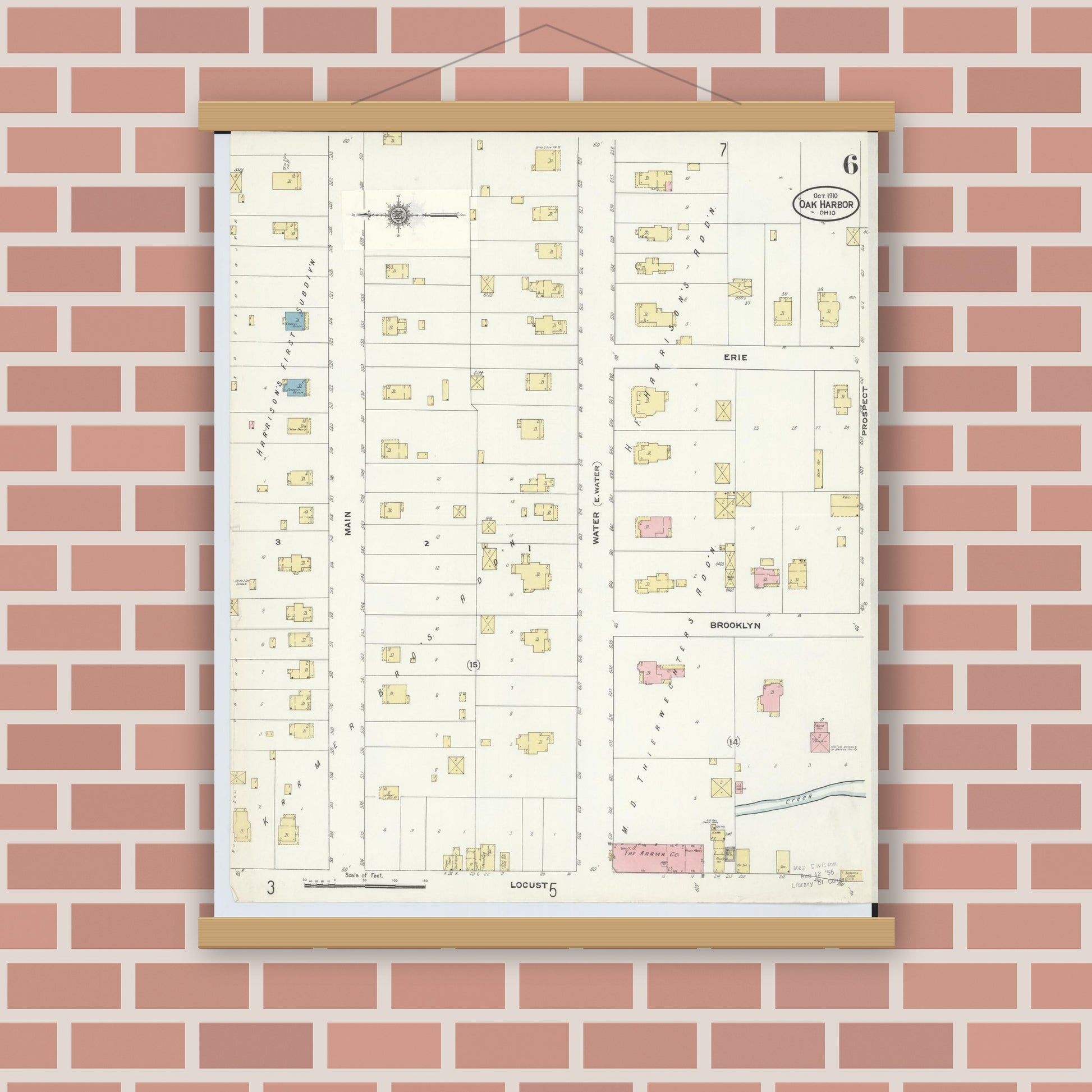 Old map wall art mockup — magnetic wood frame on brick wall — Sanborn Fire Insurance Map from Oak Harbor, Ottawa County, Ohio (1910), Sheet #0006