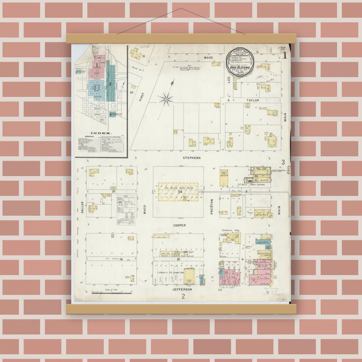 Old map wall art mockup — magnetic wood frame on brick wall — Sanborn Fire Insurance Map from Van Alstyne, Grayson County, Texas (1896), Sheet #0001