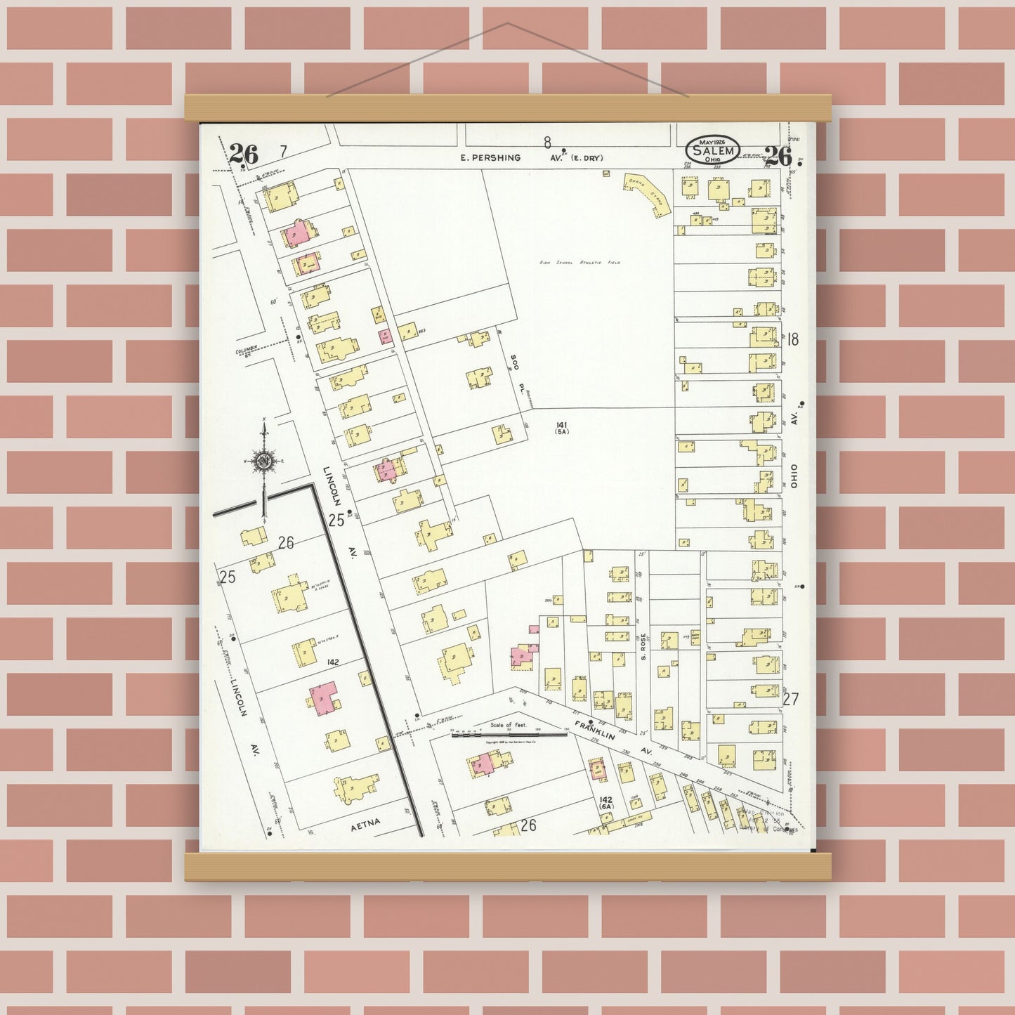 Old map wall art mockup — magnetic wood frame on brick wall — Sanborn Fire Insurance Map from Salem, Columbiana County, Ohio (1926), Sheet #0026