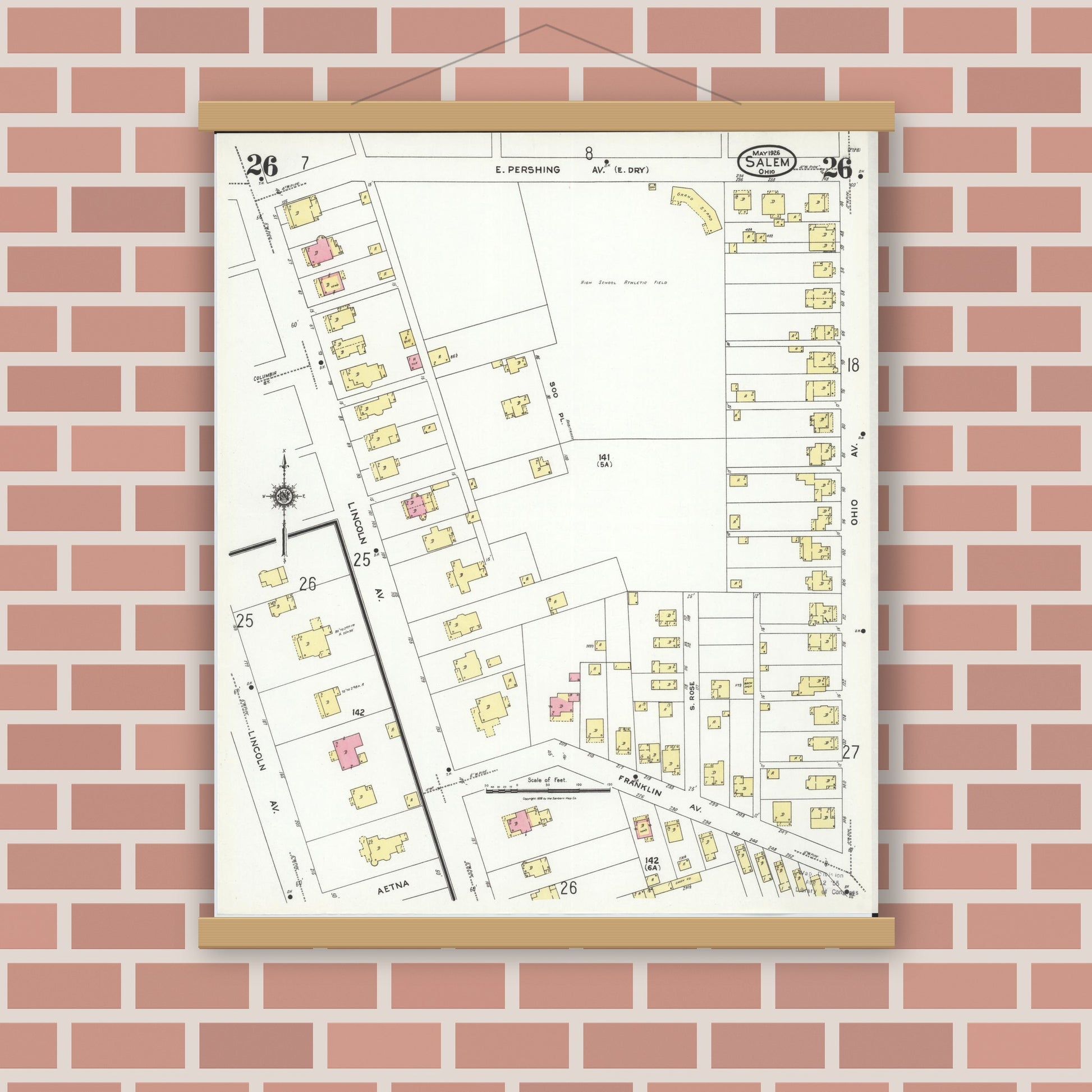 Old map wall art mockup — magnetic wood frame on brick wall — Sanborn Fire Insurance Map from Salem, Columbiana County, Ohio (1926), Sheet #0026