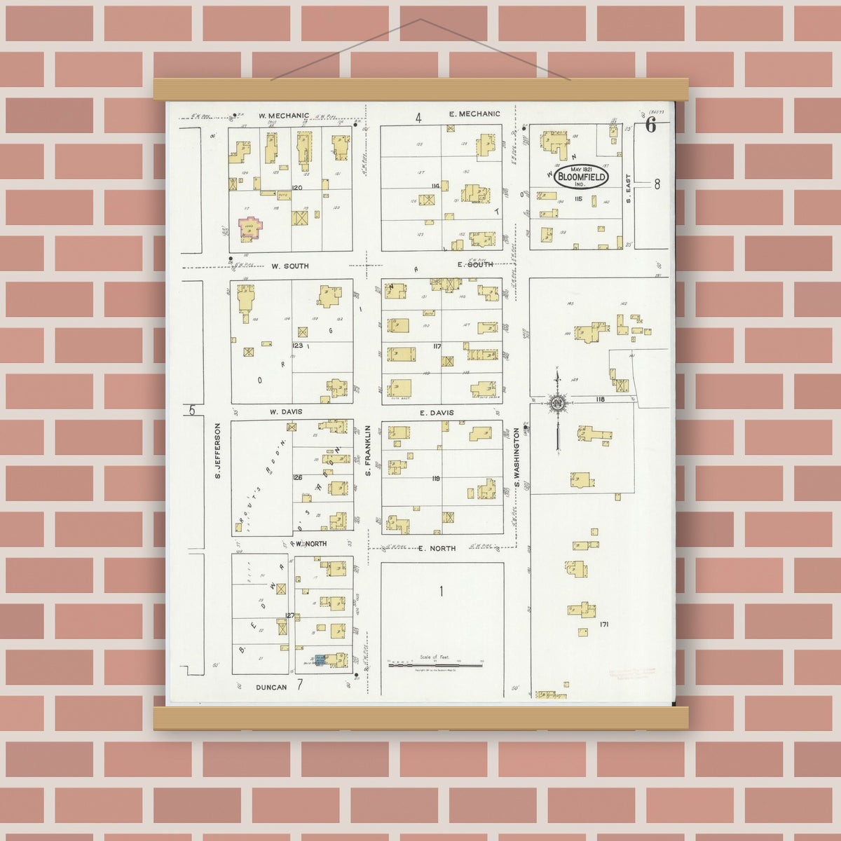 Old map wall art mockup — magnetic wood frame on brick wall — Sanborn Fire Insurance Map from Bloomfield, Greene County, Indiana (1921), Sheet #0006