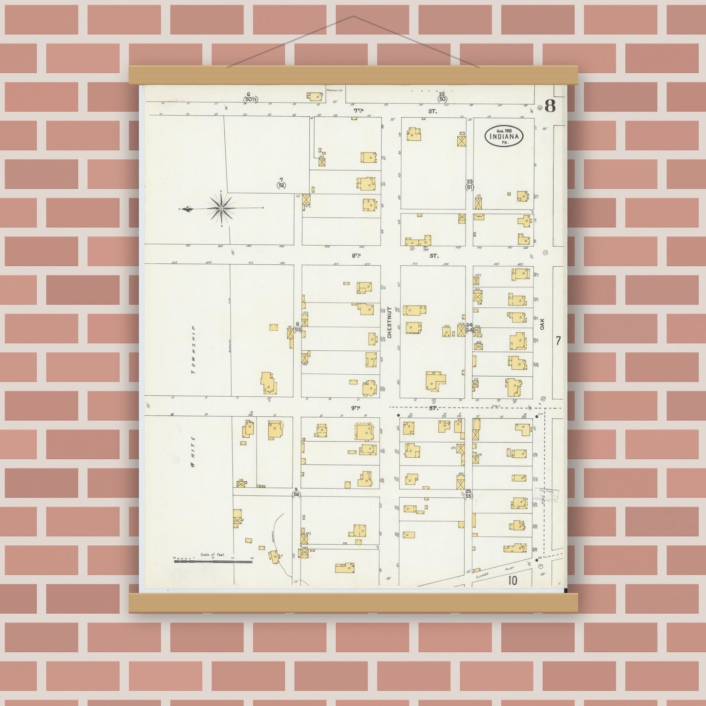 Old map wall art mockup — magnetic wood frame on brick wall — Sanborn Fire Insurance Map from Indiana, Indiana County, Pennsylvania (1903), Sheet #0008