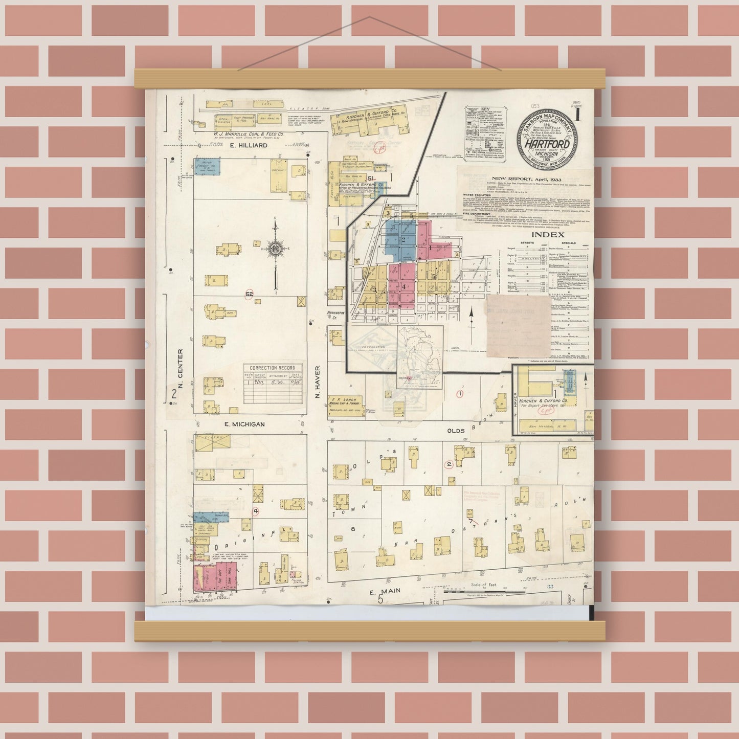 Old map wall art mockup — magnetic wood frame on brick wall — Sanborn Fire Insurance Map from Hartford, Van Buren County, Michigan (1933), Sheet #0001