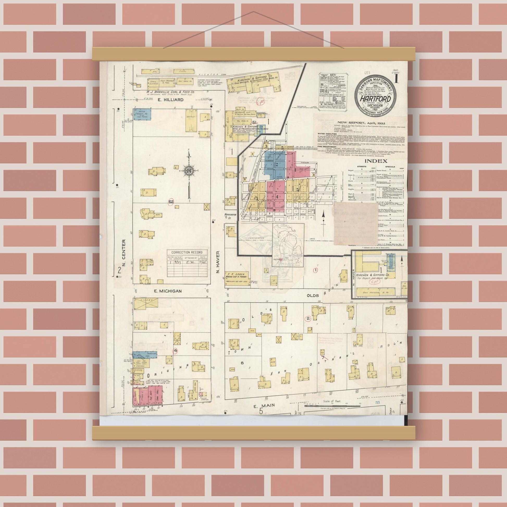 Old map wall art mockup — magnetic wood frame on brick wall — Sanborn Fire Insurance Map from Hartford, Van Buren County, Michigan (1933), Sheet #0001