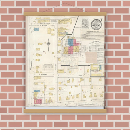 Old map wall art mockup — magnetic wood frame on brick wall — Sanborn Fire Insurance Map from Hartford, Van Buren County, Michigan (1933), Sheet #0001