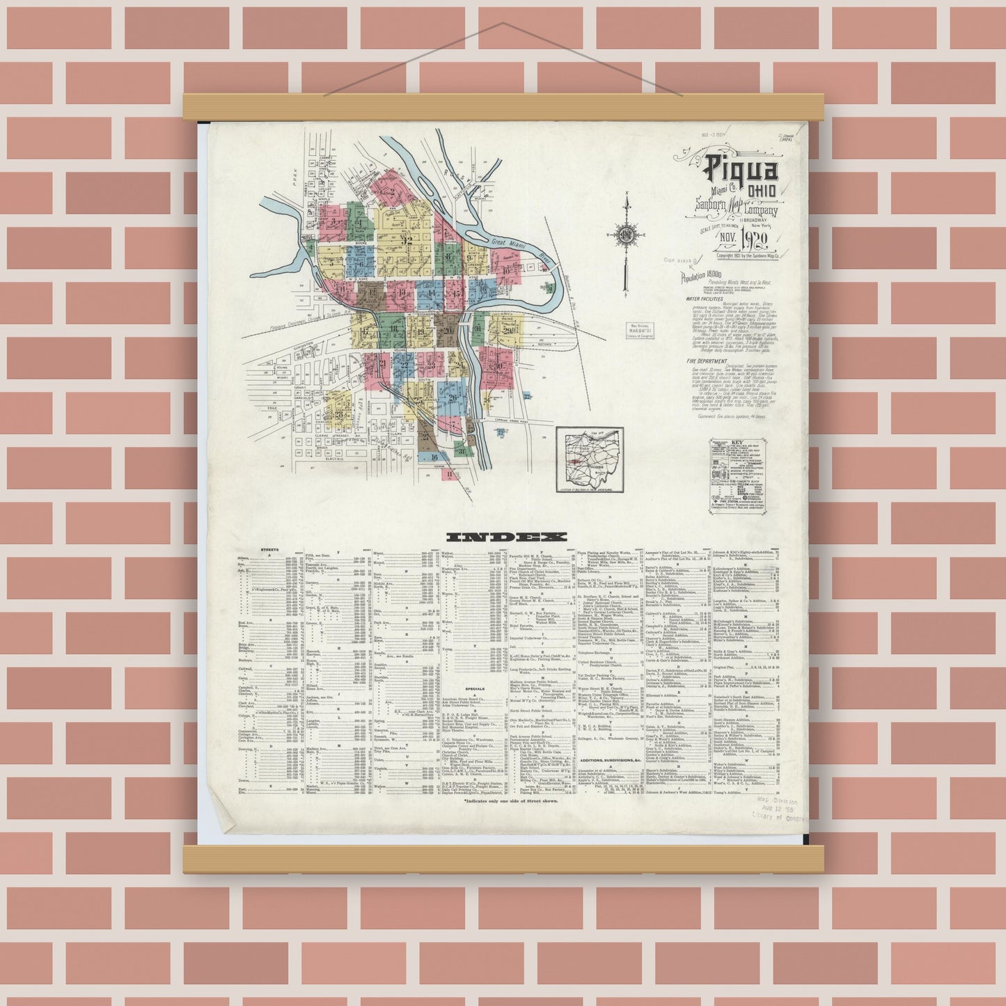 Old map wall art mockup — magnetic wood frame on brick wall — Sanborn Fire Insurance Map from Piqua, Miami County, Ohio (1920), Sheet #0001