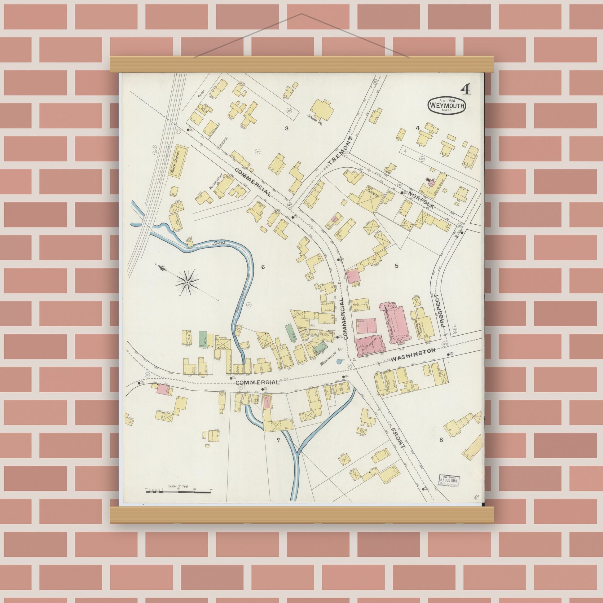 Old map wall art mockup — magnetic wood frame on brick wall — Sanborn Fire Insurance Map from Weymouth, Norfolk County, Massachusetts (1894), Sheet #0004