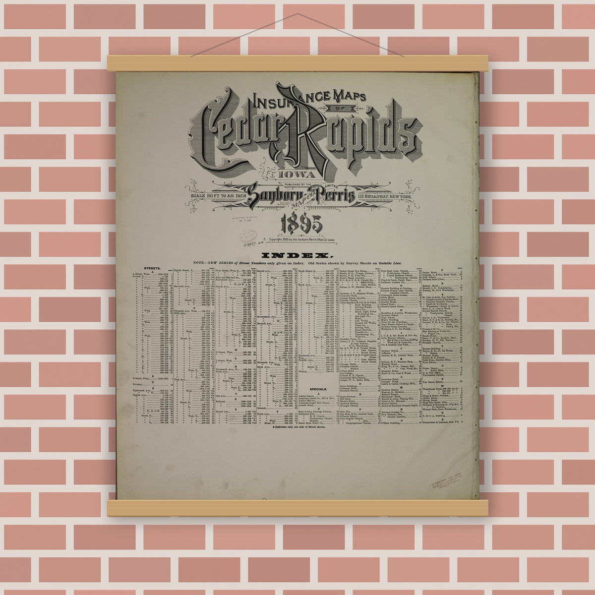 Old map wall art mockup — magnetic wood frame on brick wall — Sanborn Fire Insurance Map from Cedar Rapids, Linn County, Iowa (1895), Sheet #0001