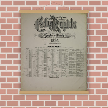 Old map wall art mockup — magnetic wood frame on brick wall — Sanborn Fire Insurance Map from Cedar Rapids, Linn County, Iowa (1895), Sheet #0001
