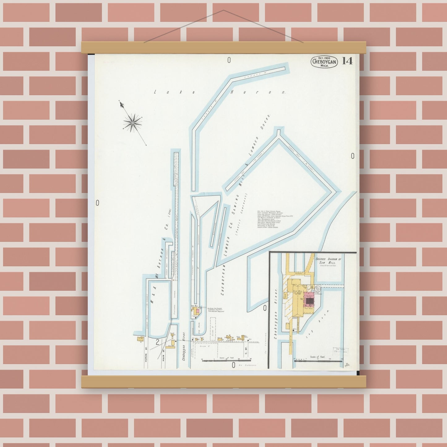 Old map wall art mockup — magnetic wood frame on brick wall — Sanborn Fire Insurance Map from Cheboygan, Cheboygan County, Michigan (1900), Sheet #0014