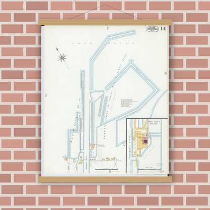 Old map wall art mockup — magnetic wood frame on brick wall — Sanborn Fire Insurance Map from Cheboygan, Cheboygan County, Michigan (1900), Sheet #0014