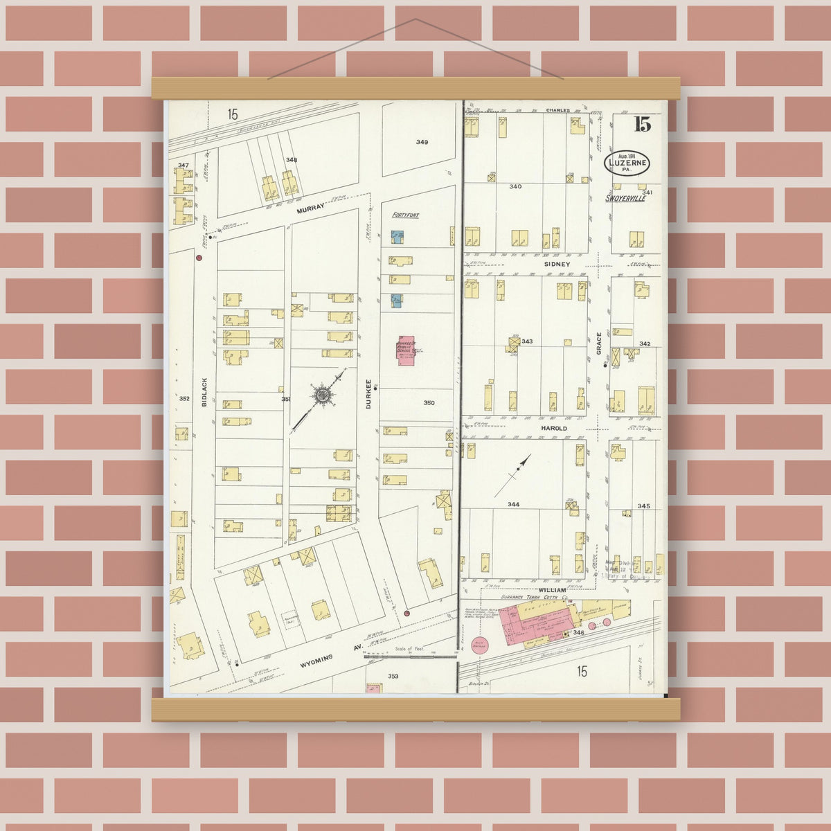 Old map wall art mockup — magnetic wood frame on brick wall — Sanborn Fire Insurance Map from Luzerne, Luzerne County, Pennsylvania (1911), Sheet #0015