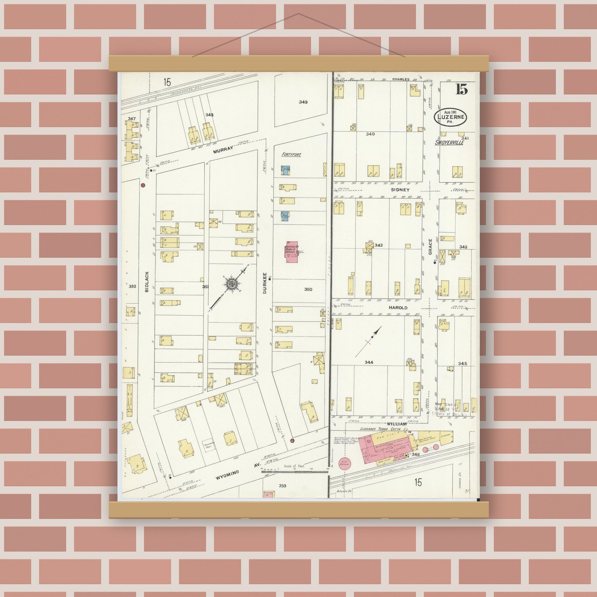 Old map wall art mockup — magnetic wood frame on brick wall — Sanborn Fire Insurance Map from Luzerne, Luzerne County, Pennsylvania (1911), Sheet #0015