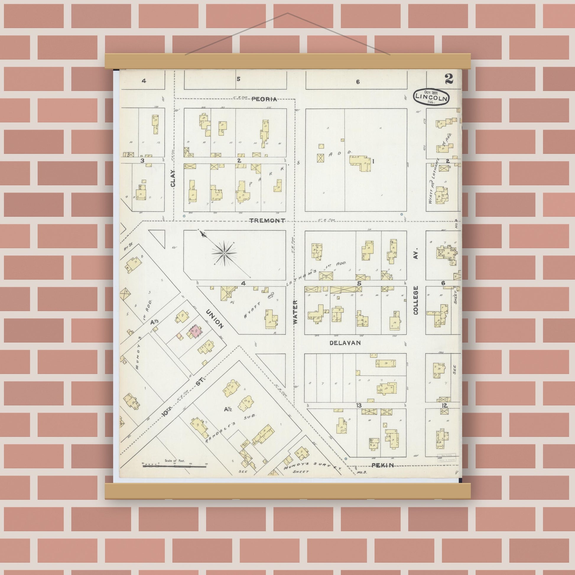 Old map wall art mockup — magnetic wood frame on brick wall — Sanborn Fire Insurance Map from Lincoln, Logan County, Illinois (1891), Sheet #0002