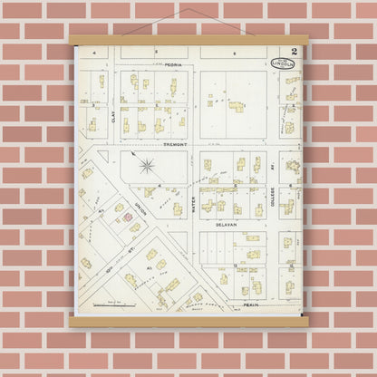 Old map wall art mockup — magnetic wood frame on brick wall — Sanborn Fire Insurance Map from Lincoln, Logan County, Illinois (1891), Sheet #0002