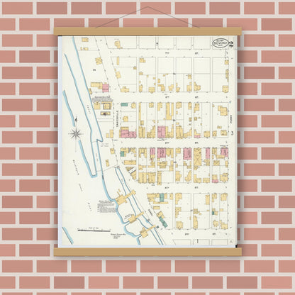 Old map wall art mockup — magnetic wood frame on brick wall — Sanborn Fire Insurance Map from Beverly, Washington County, Ohio (1905), Sheet #0002