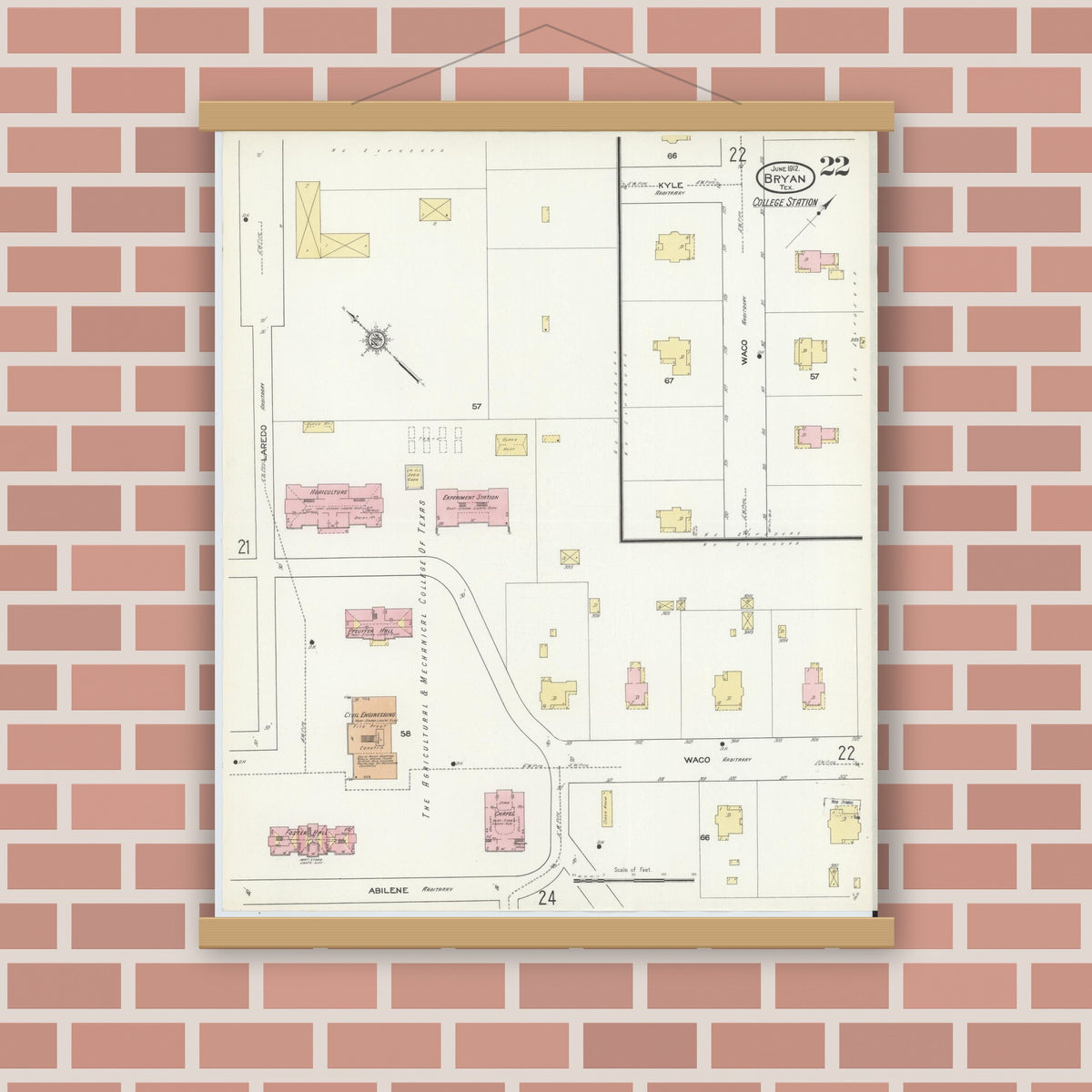 Old map wall art mockup — magnetic wood frame on brick wall — Sanborn Fire Insurance Map from Bryan, Brazos County, Texas (1912), Sheet #0022