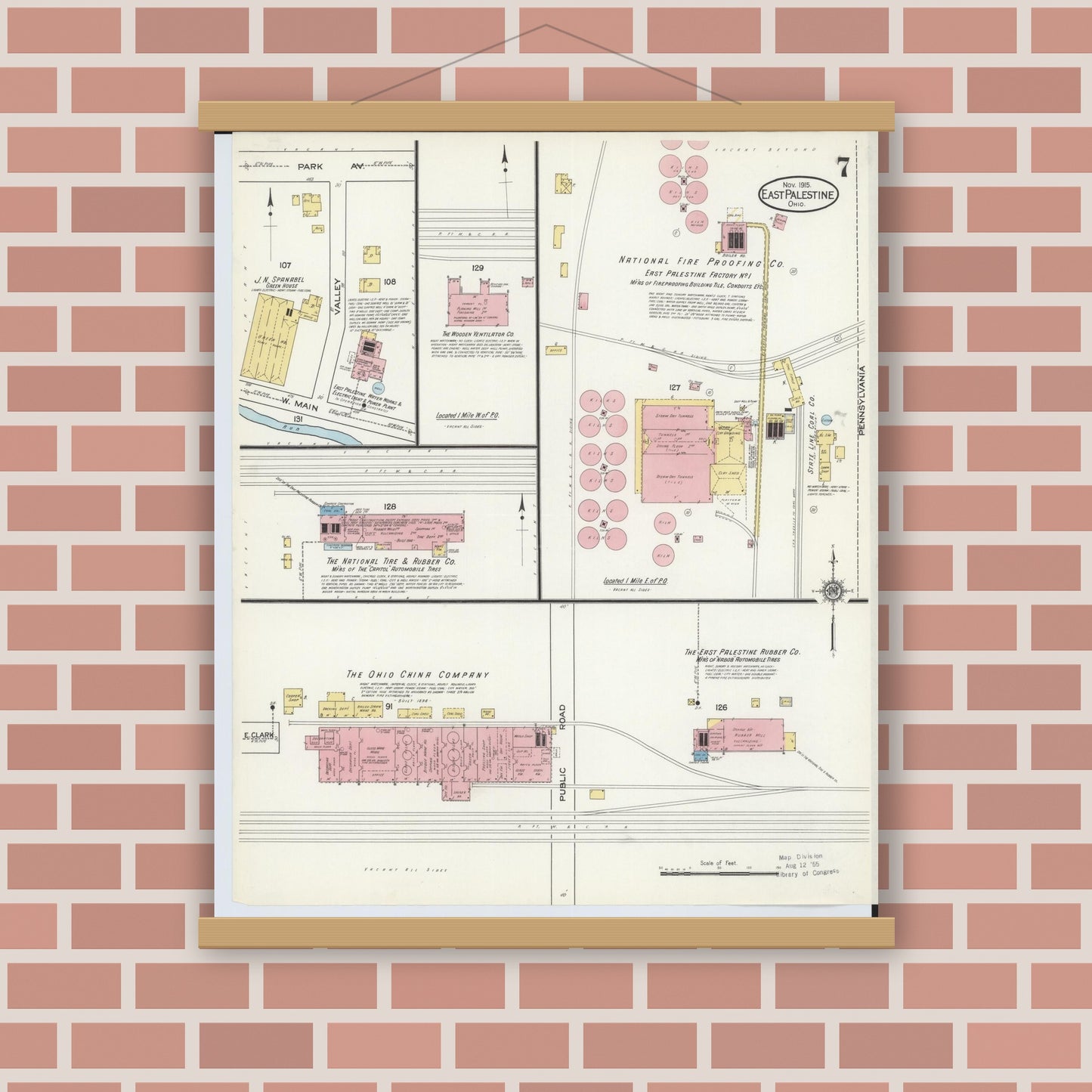 Old map wall art mockup — magnetic wood frame on brick wall — Sanborn Fire Insurance Map from East Palestine, Columbiana County, Ohio (1915), Sheet #0007