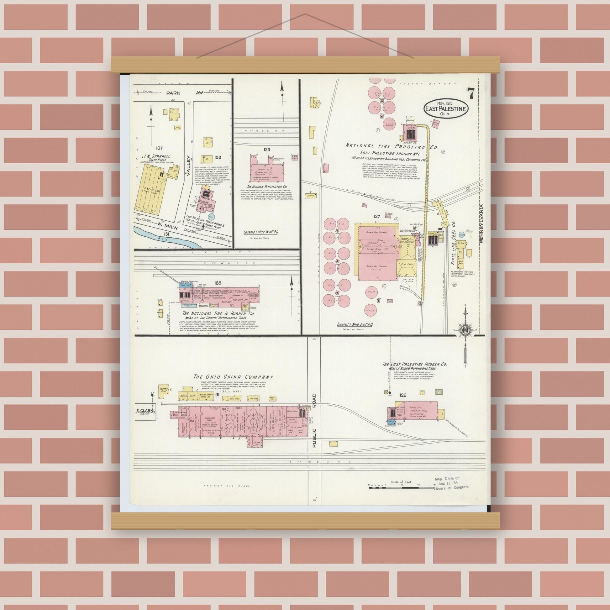 Old map wall art mockup — magnetic wood frame on brick wall — Sanborn Fire Insurance Map from East Palestine, Columbiana County, Ohio (1915), Sheet #0007