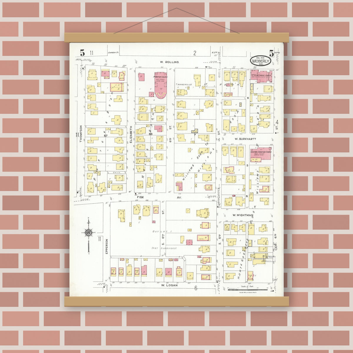 Old map wall art mockup — magnetic wood frame on brick wall — Sanborn Fire Insurance Map from Moberly, Randolph County, Missouri (1923), Sheet #0005