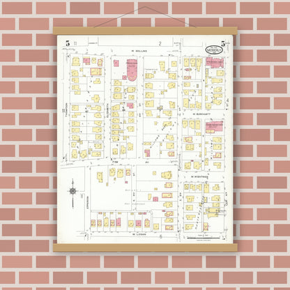 Old map wall art mockup — magnetic wood frame on brick wall — Sanborn Fire Insurance Map from Moberly, Randolph County, Missouri (1923), Sheet #0005