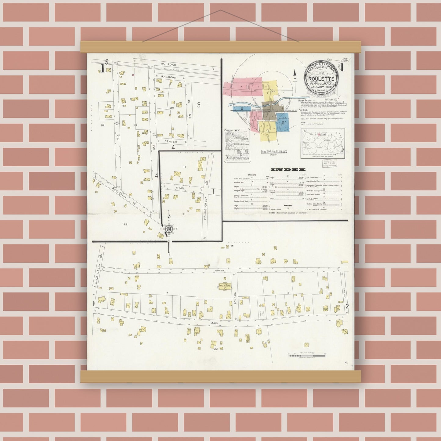 Old map wall art mockup — magnetic wood frame on brick wall — Sanborn Fire Insurance Map from Roulette, Potter County, Pennsylvania (1930) - Complete Map Set