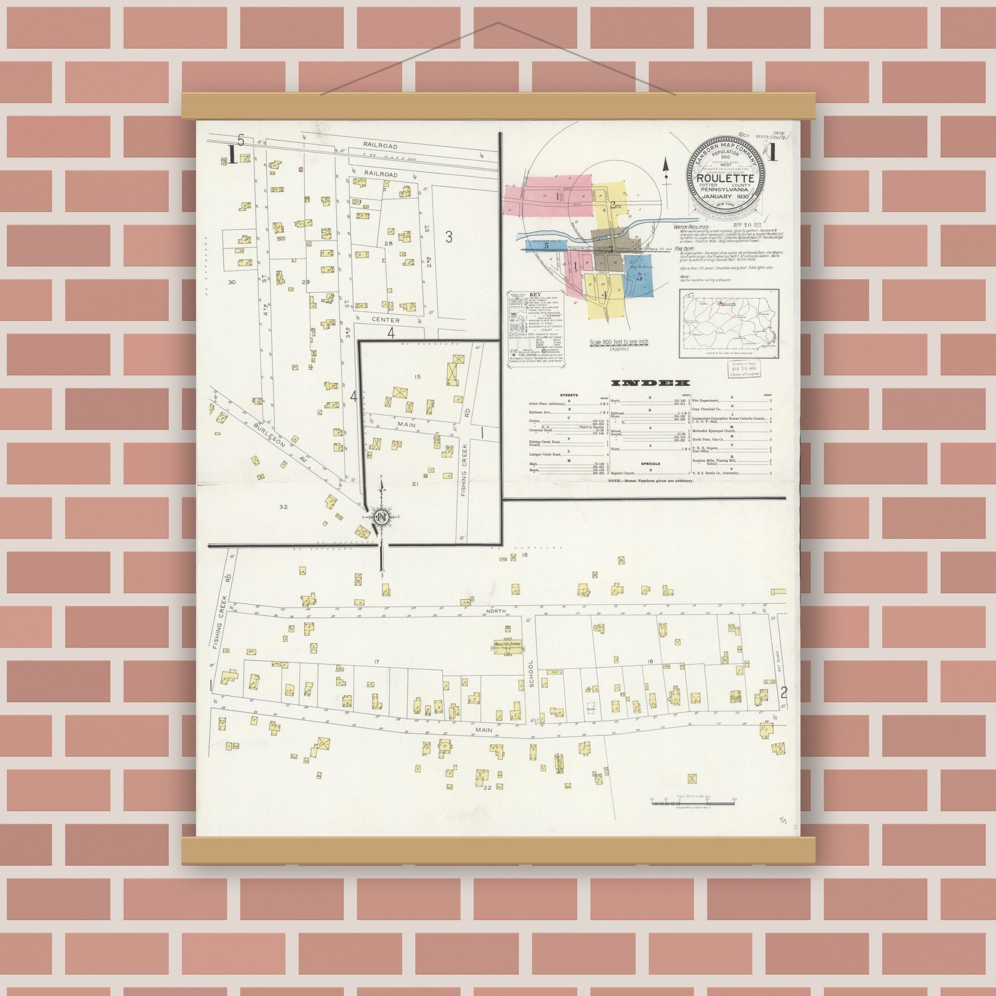 Old map wall art mockup — magnetic wood frame on brick wall — Sanborn Fire Insurance Map from Roulette, Potter County, Pennsylvania (1930) - Complete Map Set