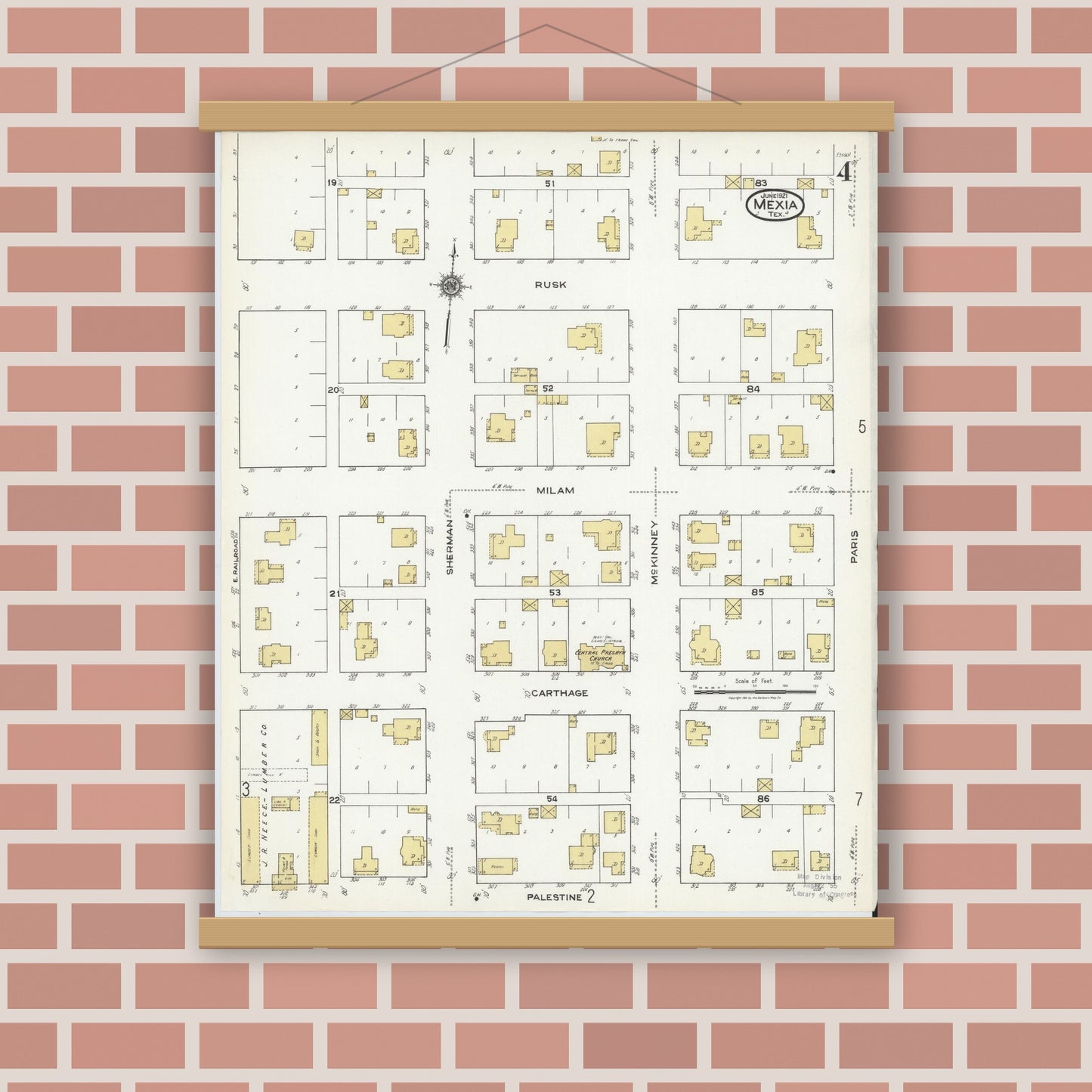 Old map wall art mockup — magnetic wood frame on brick wall — Sanborn Fire Insurance Map from Mexia, Limestone County, Texas (1921), Sheet #0004