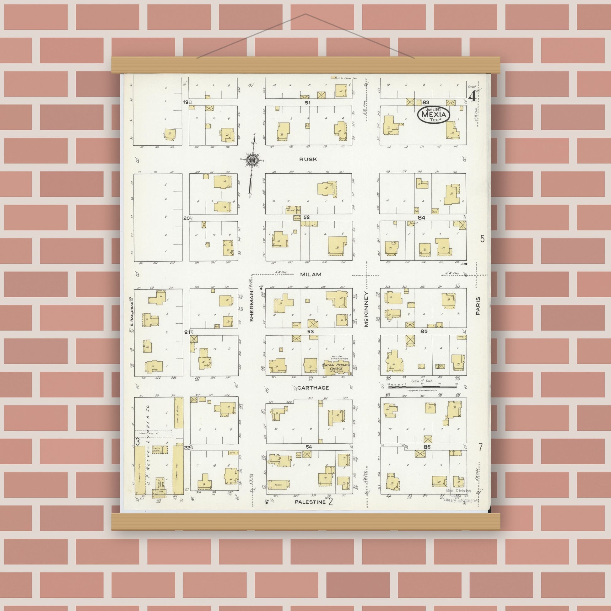 Old map wall art mockup — magnetic wood frame on brick wall — Sanborn Fire Insurance Map from Mexia, Limestone County, Texas (1921), Sheet #0004