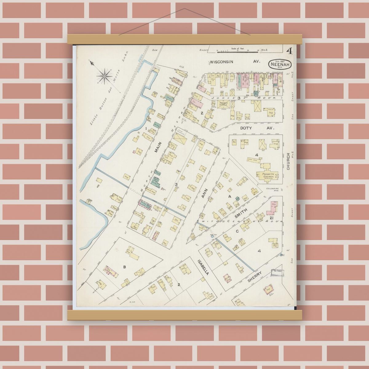 Old map wall art mockup — magnetic wood frame on brick wall — Sanborn Fire Insurance Map from Neenah, Winnebago County, Wisconsin (1887), Sheet #0004
