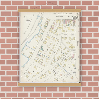 Old map wall art mockup — magnetic wood frame on brick wall — Sanborn Fire Insurance Map from Neenah, Winnebago County, Wisconsin (1887), Sheet #0004