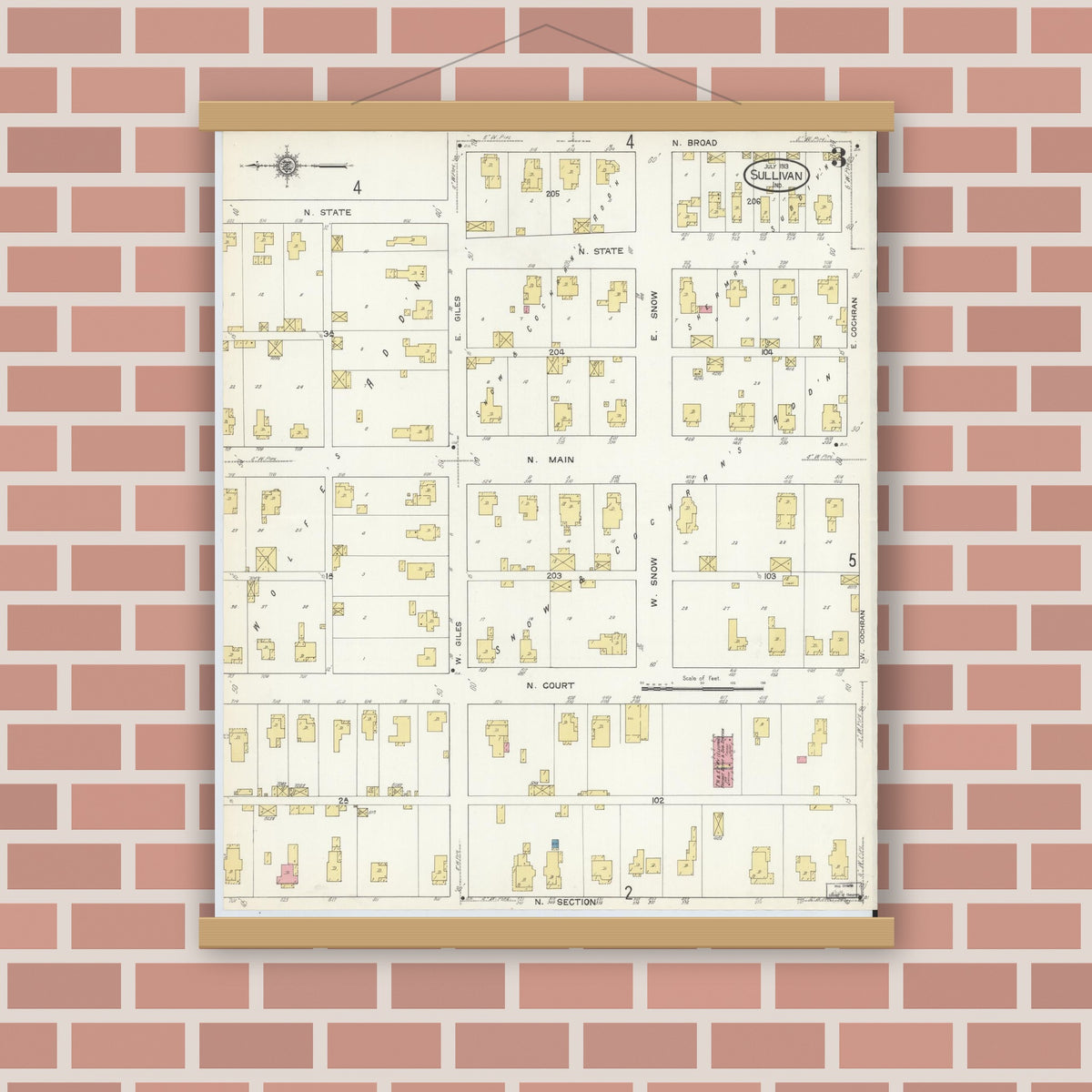 Old map wall art mockup — magnetic wood frame on brick wall — Sanborn Fire Insurance Map from Sullivan, Sullivan County, Indiana (1913), Sheet #0003