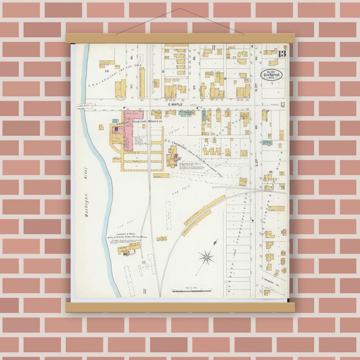 Old map wall art mockup — magnetic wood frame on brick wall — Sanborn Fire Insurance Map from Big Rapids, Mecosta County, Michigan (1899), Sheet #0013