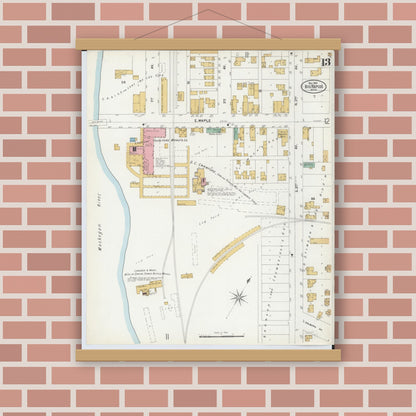 Old map wall art mockup — magnetic wood frame on brick wall — Sanborn Fire Insurance Map from Big Rapids, Mecosta County, Michigan (1899), Sheet #0013