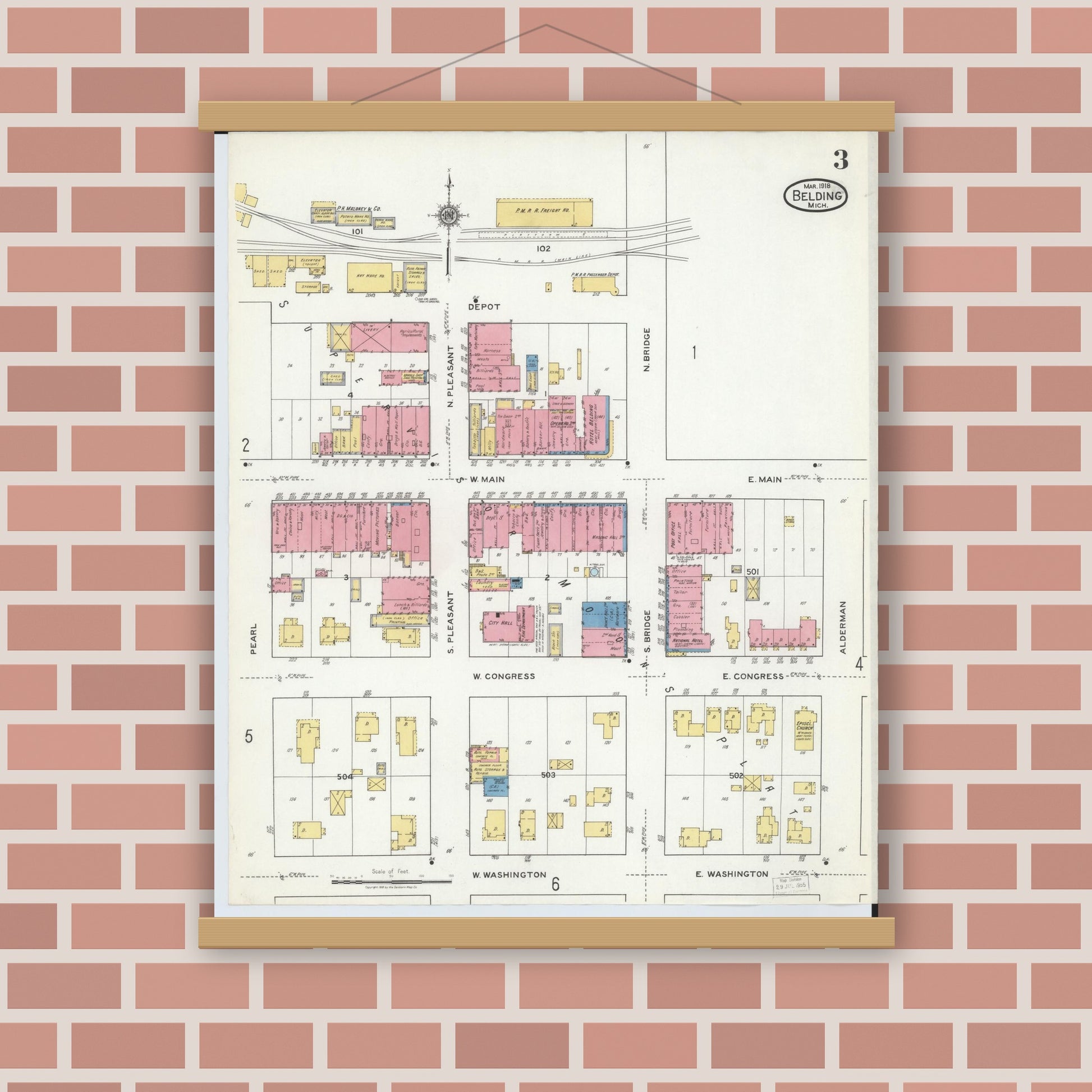Old map wall art mockup — magnetic wood frame on brick wall — Sanborn Fire Insurance Map from Belding, Ionia County, Michigan (1918), Sheet #0003