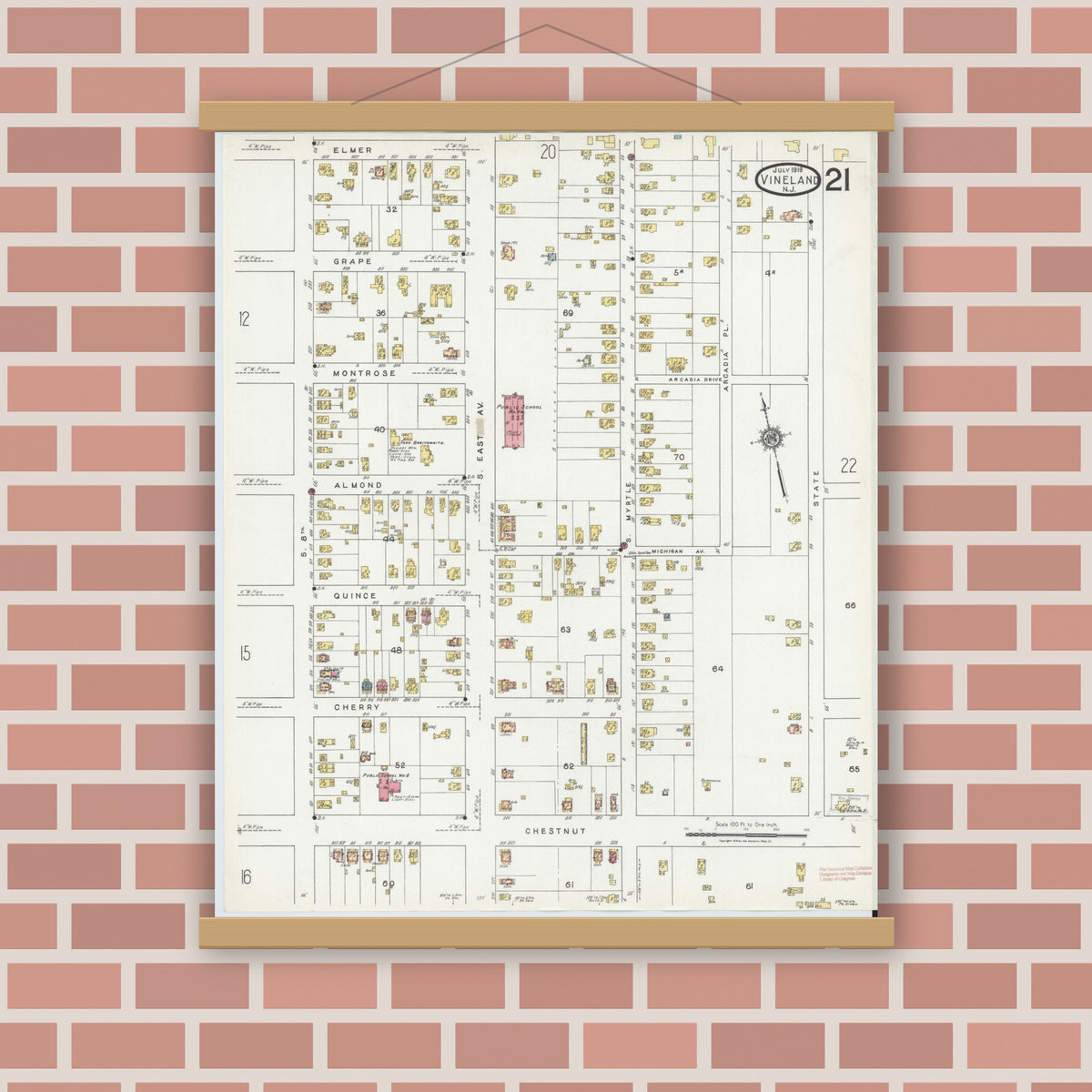Old map wall art mockup — magnetic wood frame on brick wall — Sanborn Fire Insurance Map from Vineland, Cumberland County, New Jersey (1919), Sheet #0021