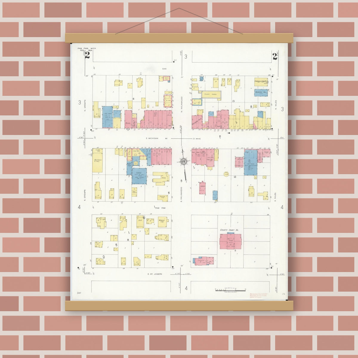 Old map wall art mockup — magnetic wood frame on brick wall — Sanborn Fire Insurance Map from Paw Paw, Van Buren County, Michigan (1934), Sheet #0002