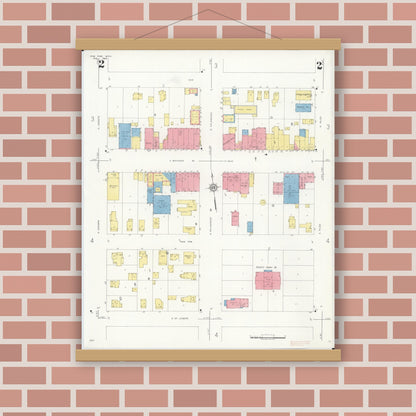 Old map wall art mockup — magnetic wood frame on brick wall — Sanborn Fire Insurance Map from Paw Paw, Van Buren County, Michigan (1934), Sheet #0002