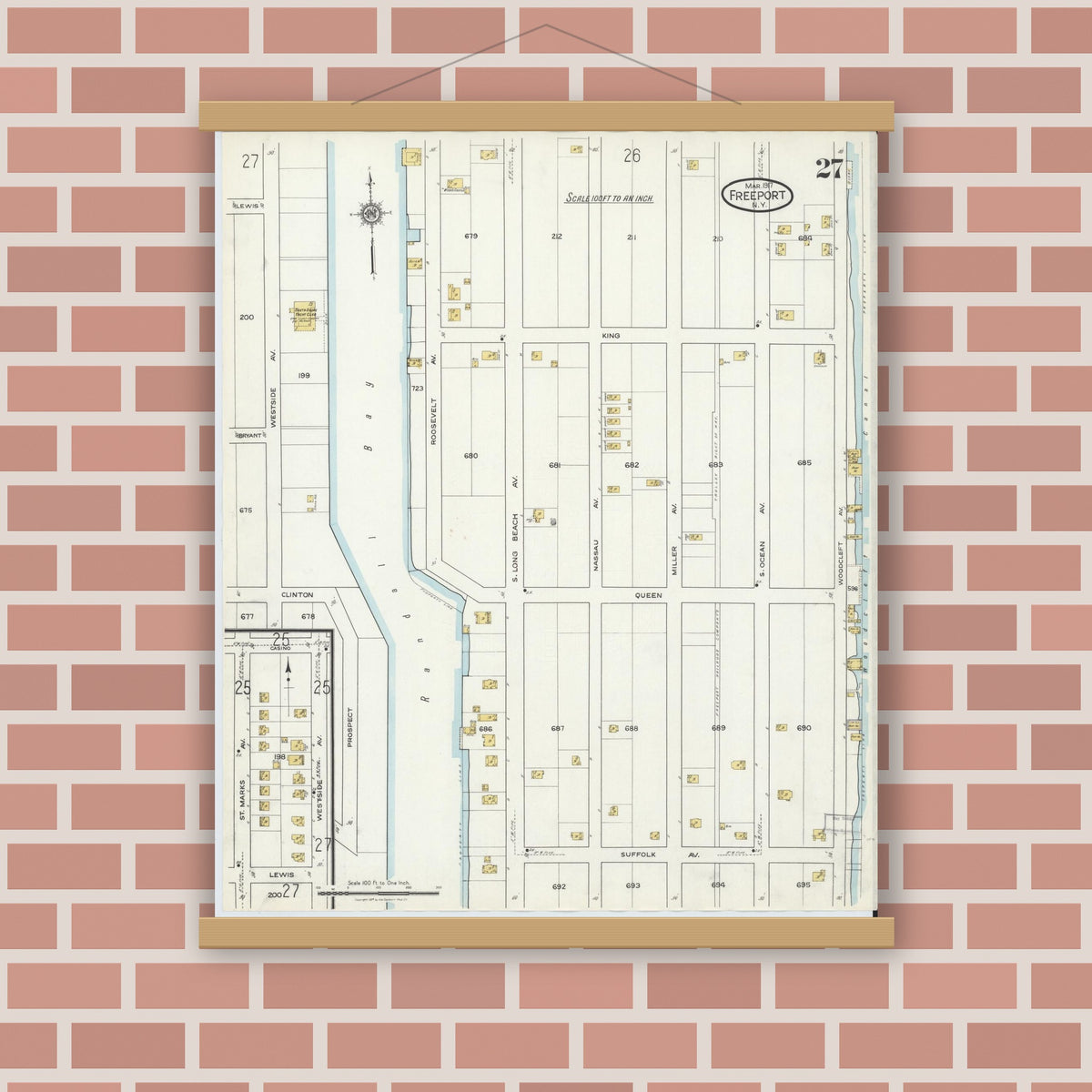 Old map wall art mockup — magnetic wood frame on brick wall — Sanborn Fire Insurance Map from Freeport, Nassau County, New York (1917), Sheet #0027